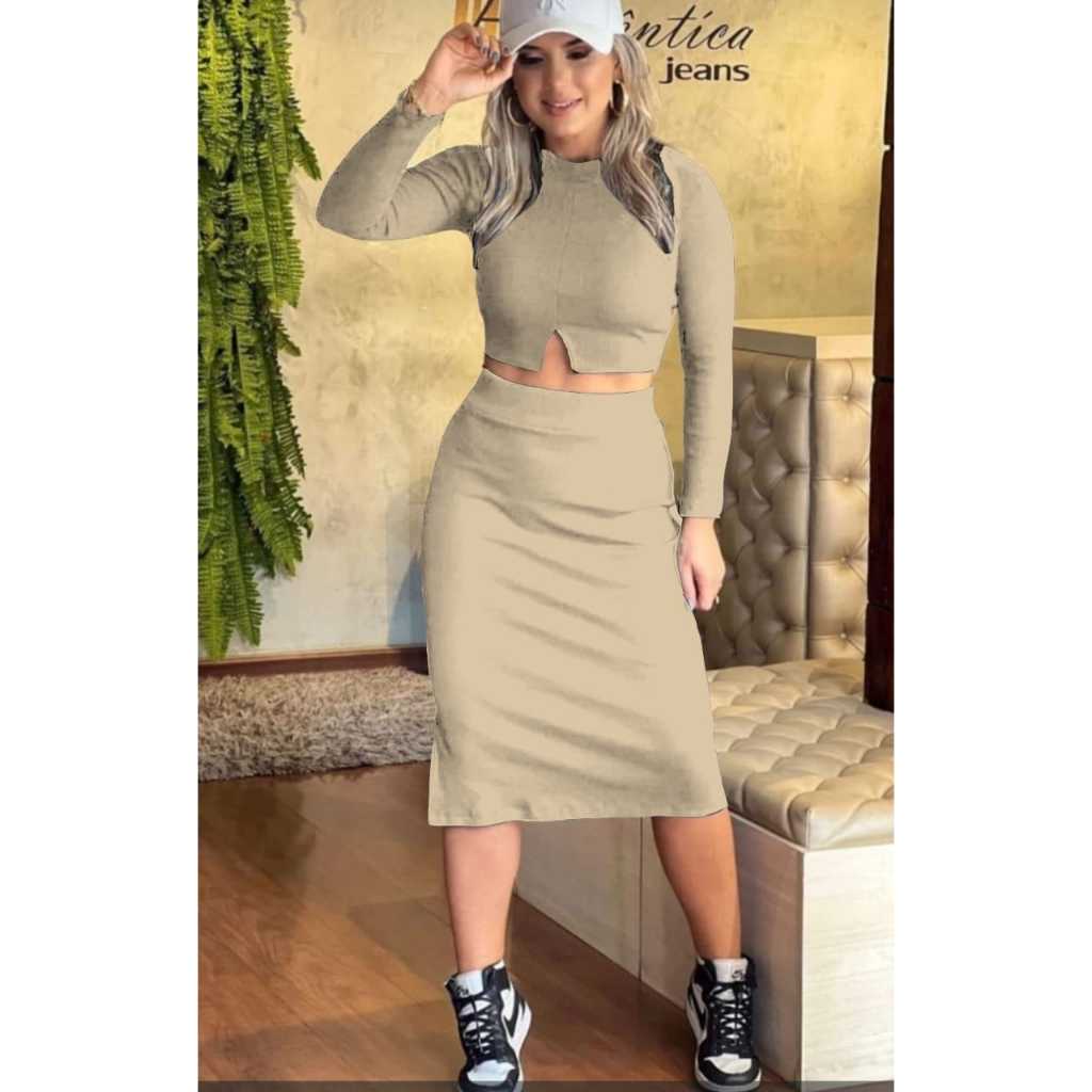 Conjunto Divino - Saia Ribana + Cropped Manga Comprida