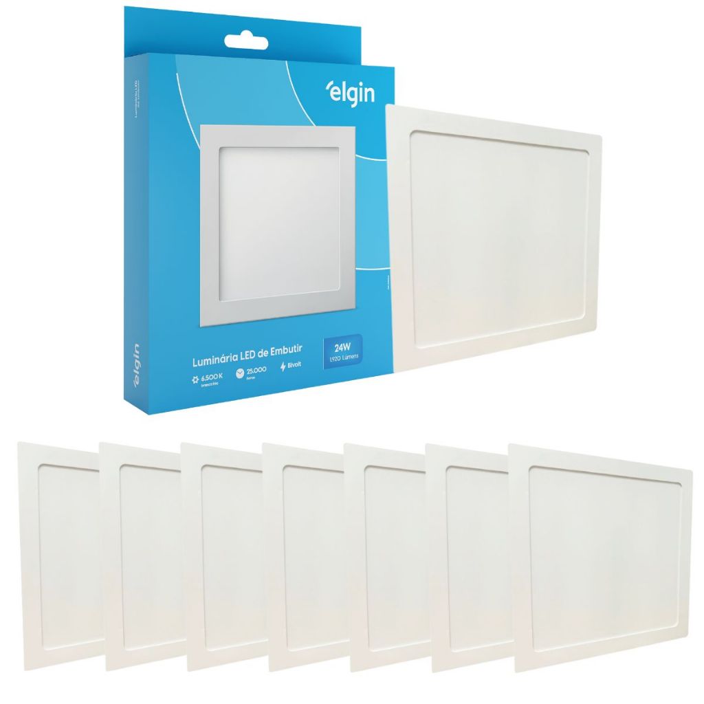 Kit 7 Luminaria Painel Plafon Embutir Bivolt Quadrado 24w Led Teto - ELGIN