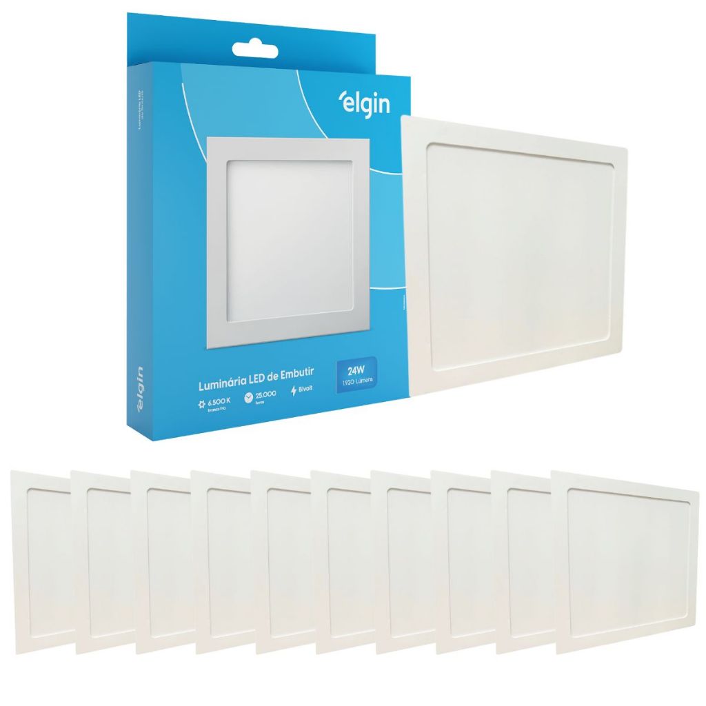 Kit 10 Luminaria Painel Plafon Embutir Bivolt Quadrado 24w Led Teto - ELGIN