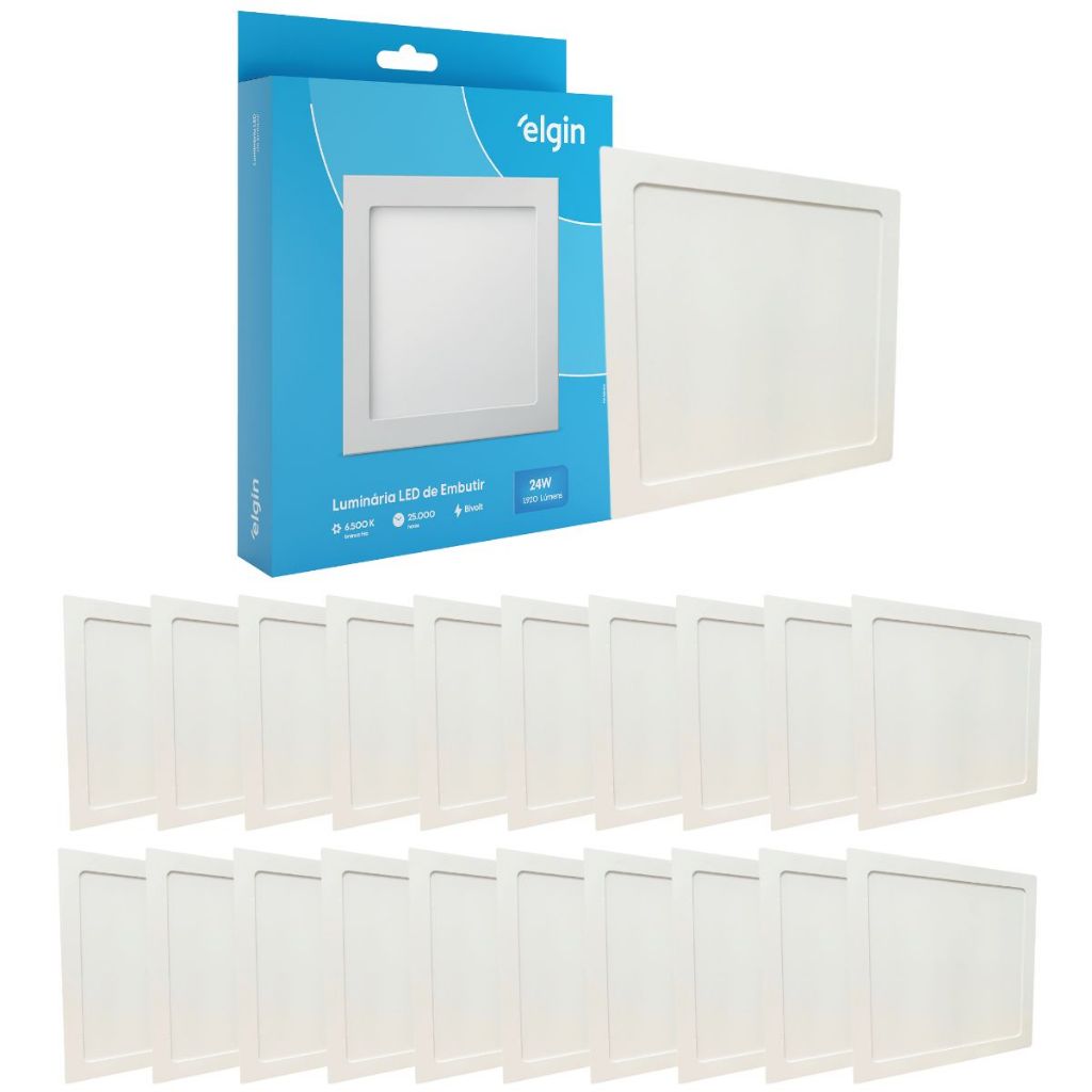 Kit 20 Luminaria Painel Plafon Embutir Bivolt Quadrado 24w Led Teto - ELGIN