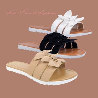 Rasteirinha Feminina Slide Lacinhos Kit com Três Pares Casual Dia a Dia Conforto em Oferta na Shopee