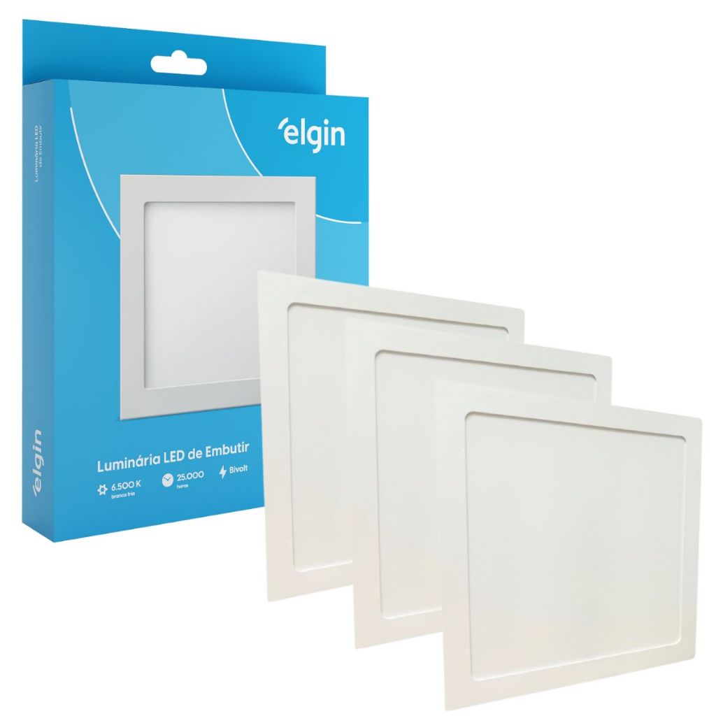 Kit 3 Luminária Painel Plafon Embutir Quadrado Led 18w Bivolt ELGIN