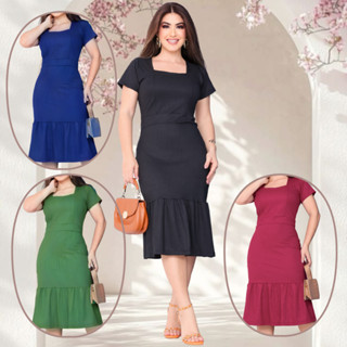 Vestido Mídi Maria Canelado Manga Curta Decote Quadrado Moda Feminina Social Evangélica Pl...
