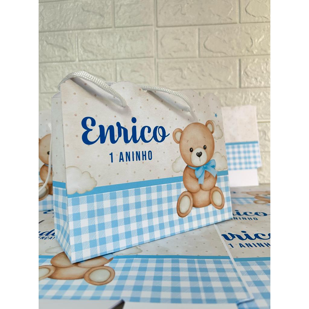 Sacolinha personalizada lembrancinha festa infantil menino ursinho azul sacola lembrança aniversário urso corea neutras