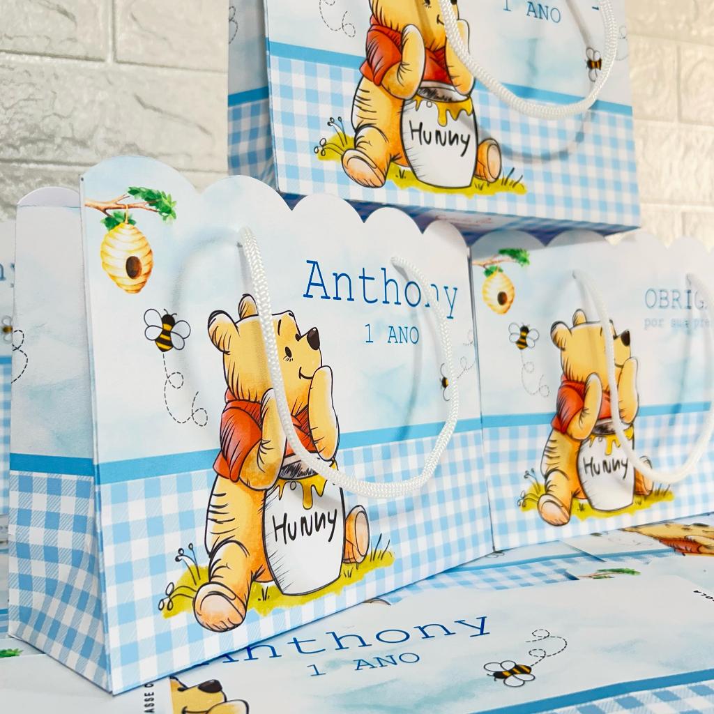 Sacolinha personalizada lembrança festa infantil ursinho pooh sacola lembrancinha aniversário menino mimo bolsinha em Oferta na Shopee
