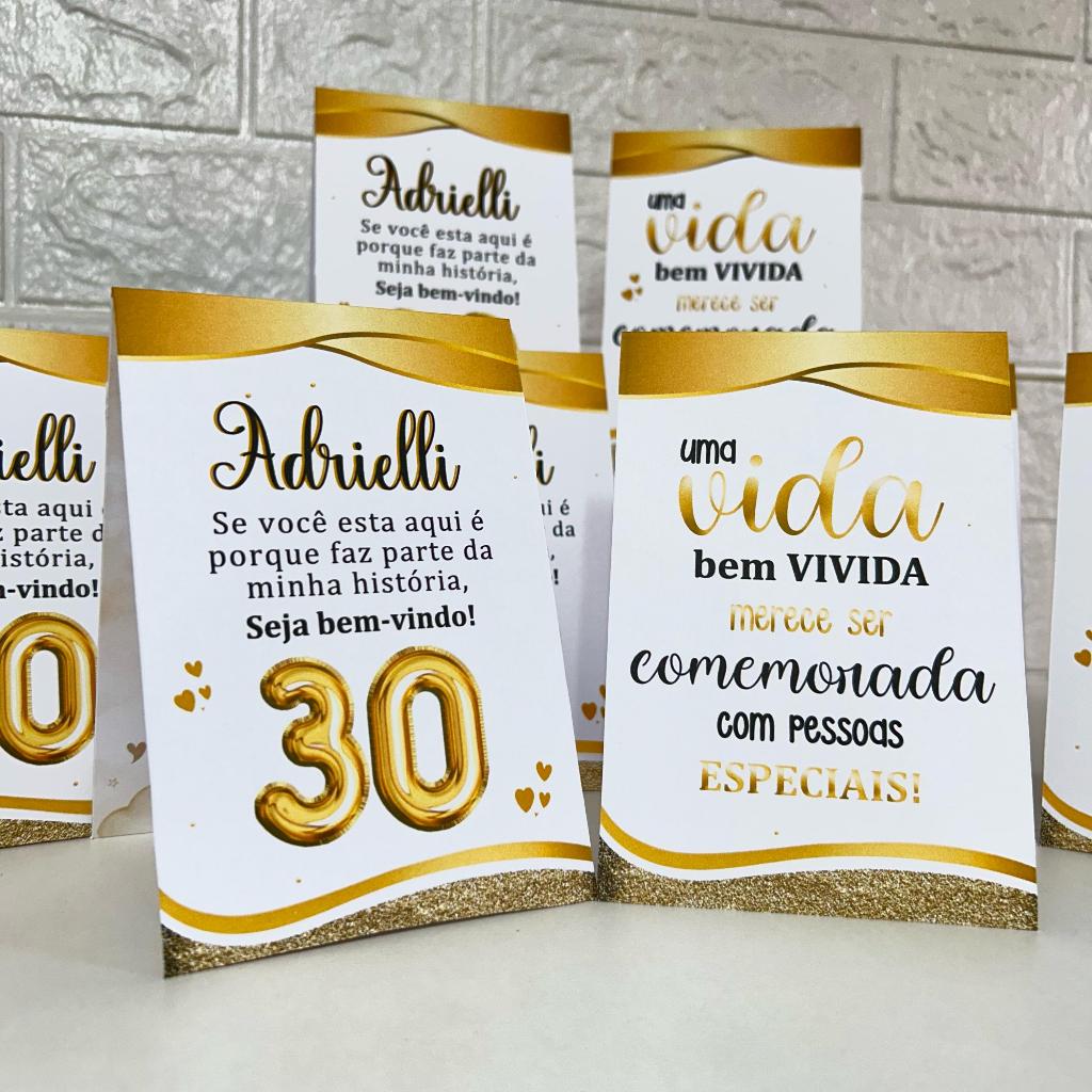 Centro de mesa agradecimento personalizado enfeite decoração festa adulto dourado e branco plaquinha de mesa feminino
