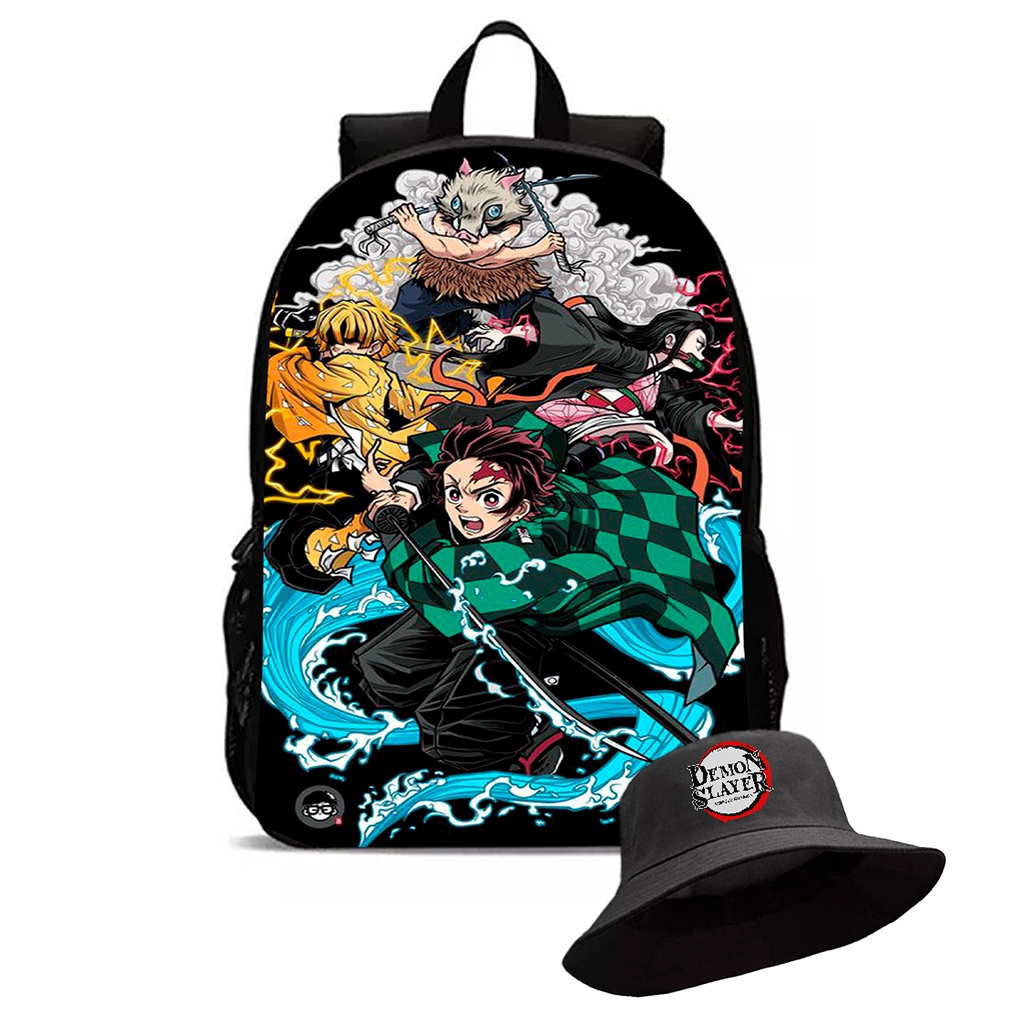 Kit Mochila escolar infantil juvenil + Chapéu boné bucket novidade desenho anime