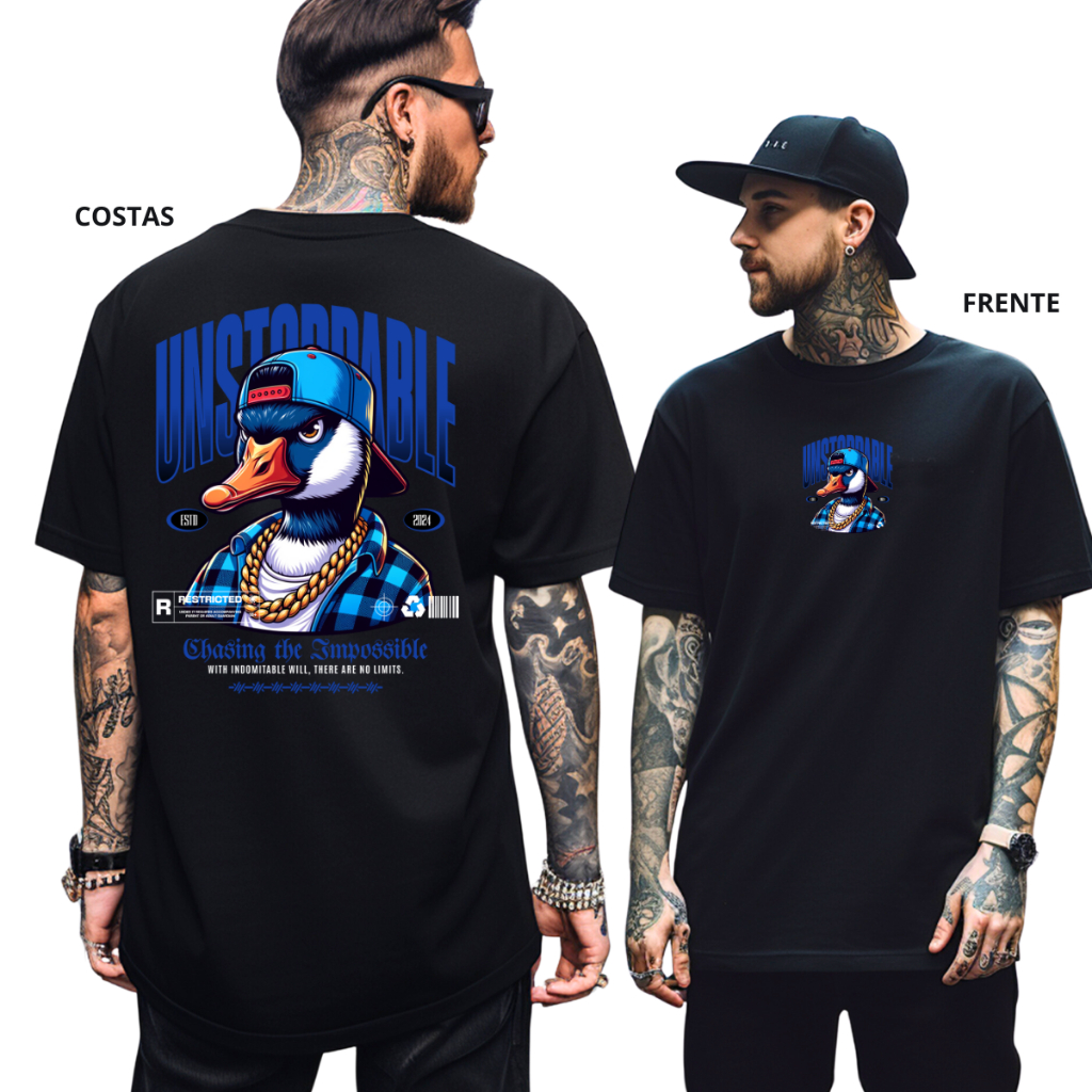 Camisa Camiseta Oversized Streetwear Masculino E Feminino Estampa Duck Off Pato Skatista Estampa Frente e Costa