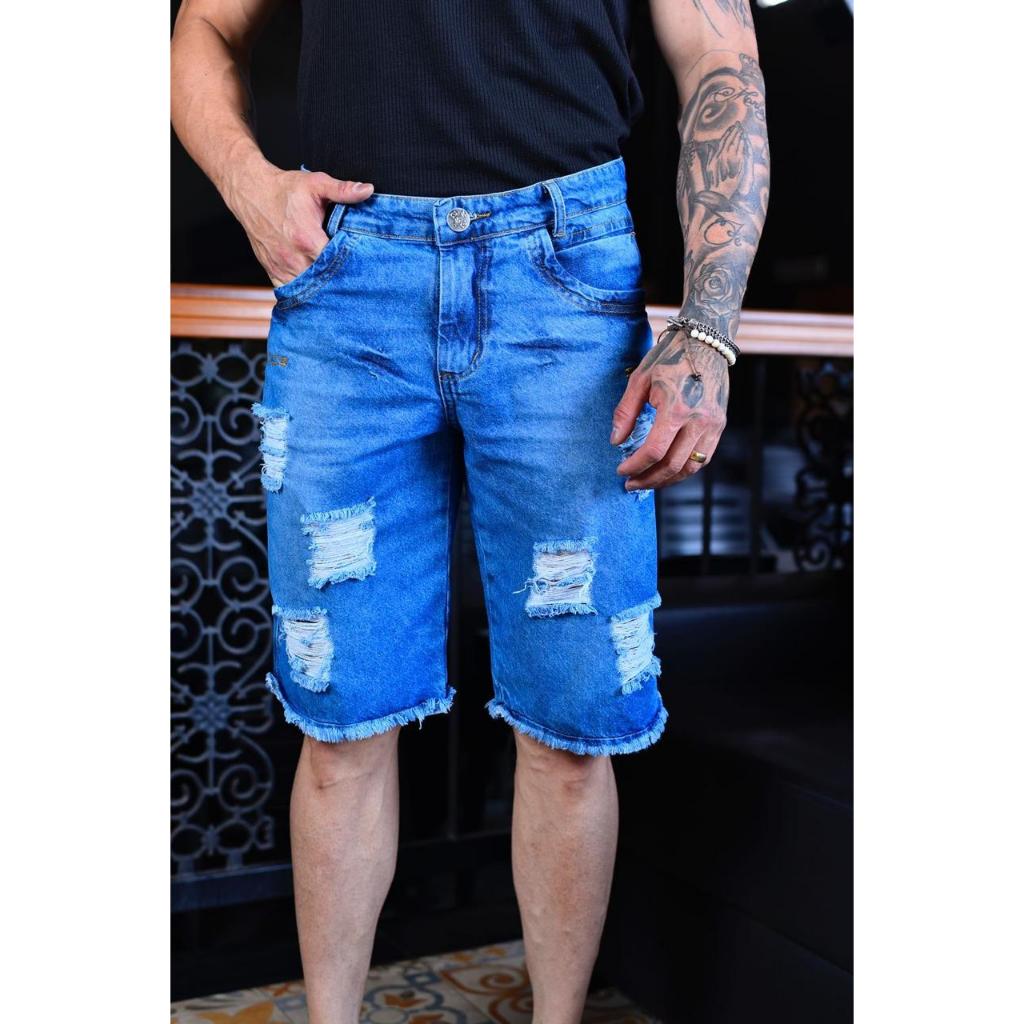 Bermuda Shorts Jeans Masculina Rasgada Destroyed Moda Verão Tendência Linha Premium s/elastano manchada 100% algodão