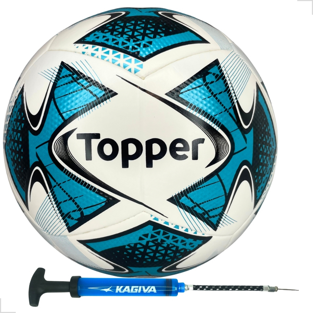 Kit Bola Futebol Topper 22 Campo Grama Profissional Resistente Leve + Bomba De Ar Kagiva Oficial