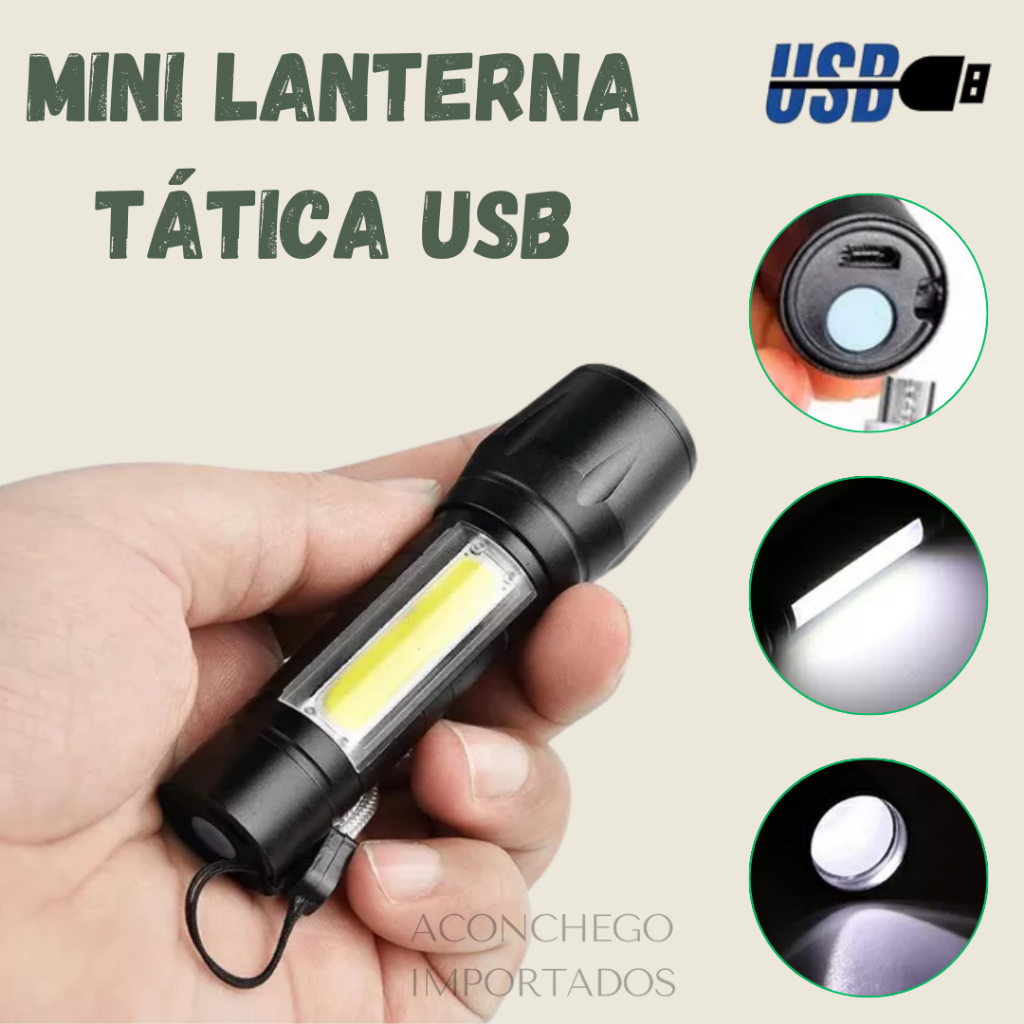 Lanterna De Bolso Pequena Tática Recarregavél USB Portátil Com Estojo Esporte Acampamento Carro Viagem