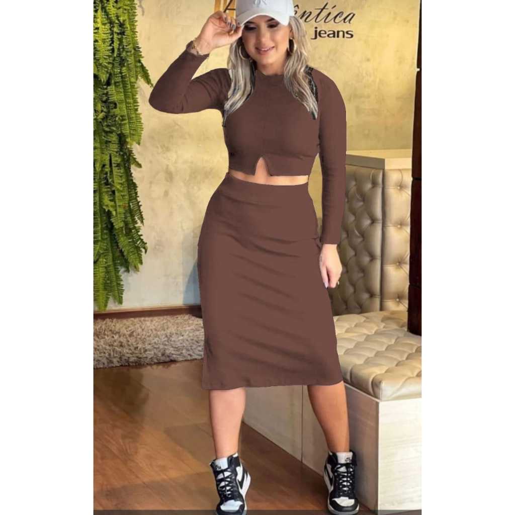🖤 Conjunto Divino - Saia Ribana + Cropped Manga Comprida 🖤
