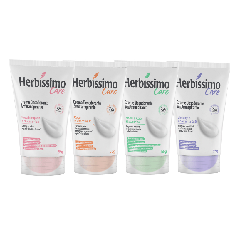 Kit 4 itens - Creme Desodorante Herbíssimo Care Bisnaga Rosa Mosqueta + Monoí + Coco + Lin...