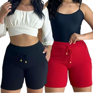 Kit 2 shorts crepe variados feminino algodão elastano liso listrado floral bermuda em Oferta na Shopee