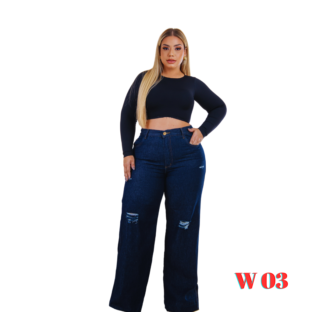 Calça Jeans Feminina Wide Leg Plus Size Jeans Cintura Alta Curve