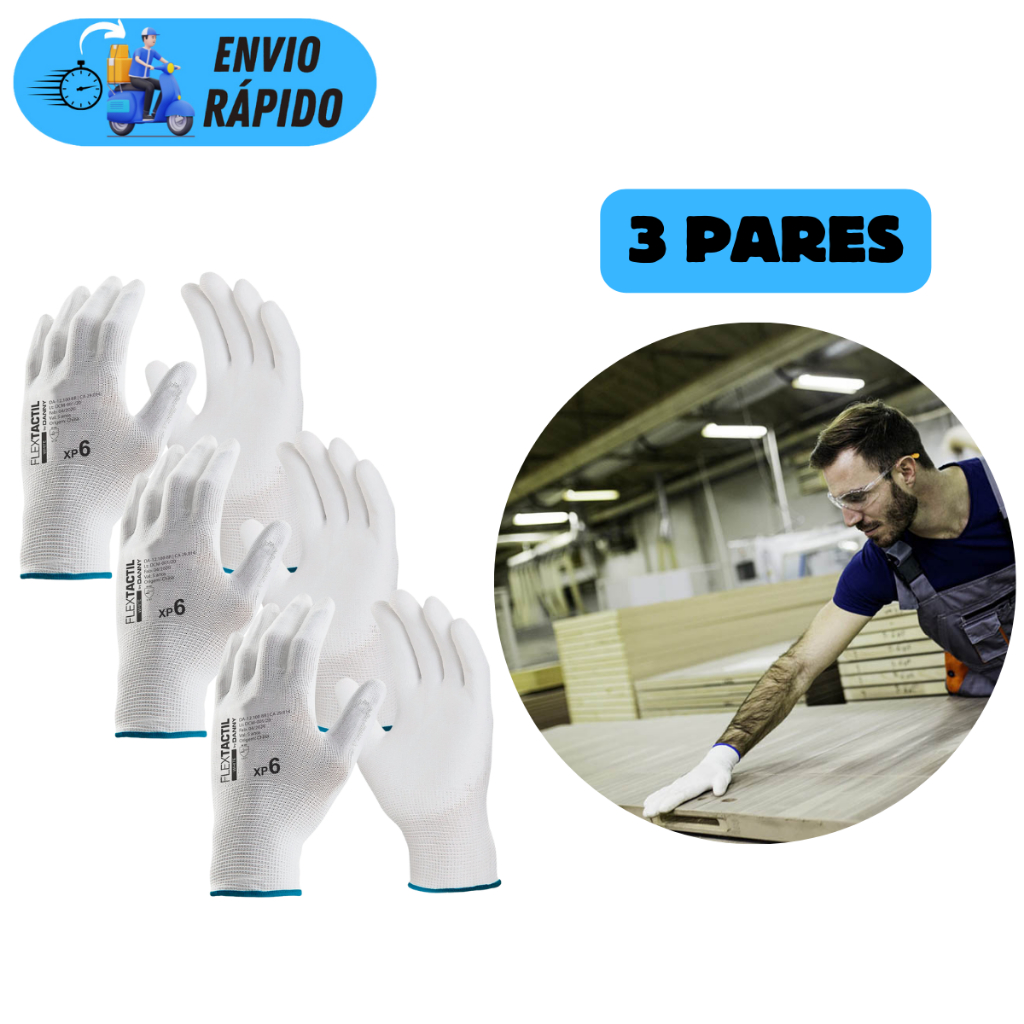 KIT 3 PARES LUVA DE SEGURANÇA MULTITATO BRANCA ANTIDERRAPANTE E ANTIESTÁTICA MULTIUSO PROTEÇÃO EPI