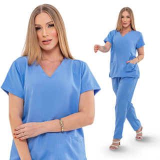 Conjunto Pijama Scrub Oxfordine Uniforme Enfermagem Basico Azul Celeste em Oferta na Shopee