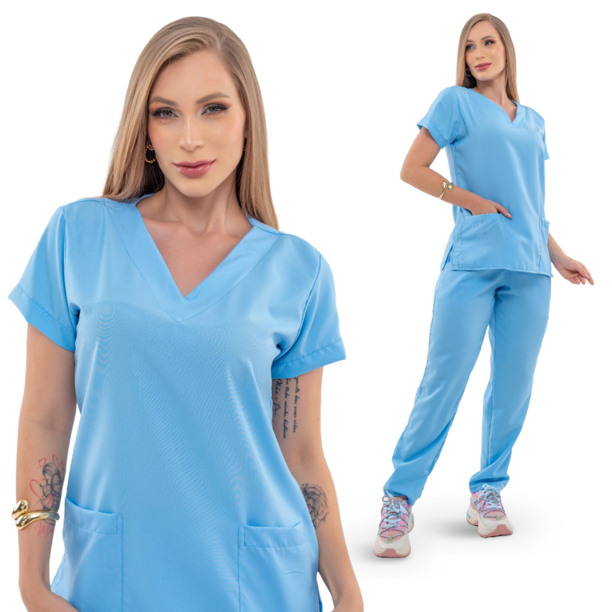 Conjunto Pijama Scrub Oxfordine Uniforme Enfermagem Basico Azul Claro em Oferta na Shopee