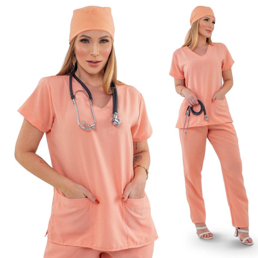 Conjunto Scrub Oxfordine PIjama Hospital Uniforme Saúde Básico Pessego Atacado
