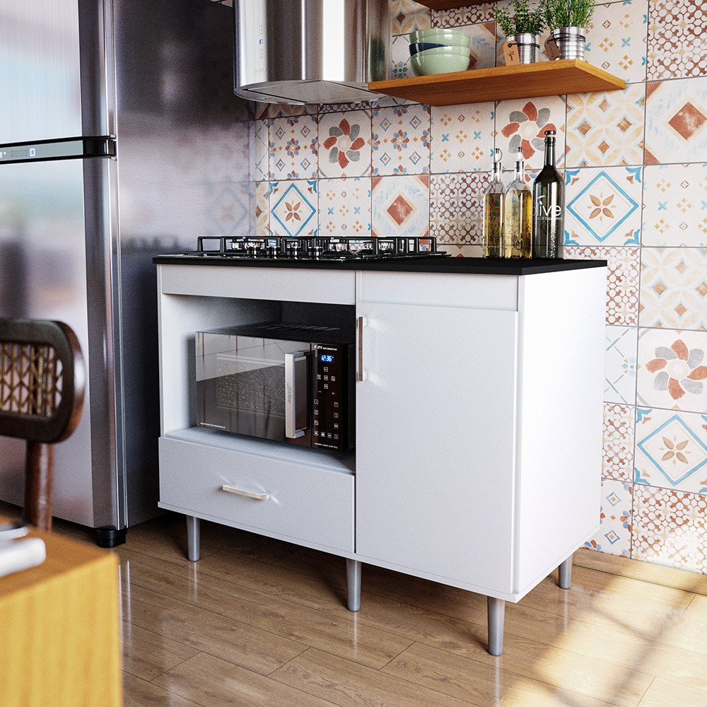 Balcão Para Cooktop 1,05m 5 Bocas 1 Nicho Com 1 Porta E Gaveta Turim Lojas Movelove