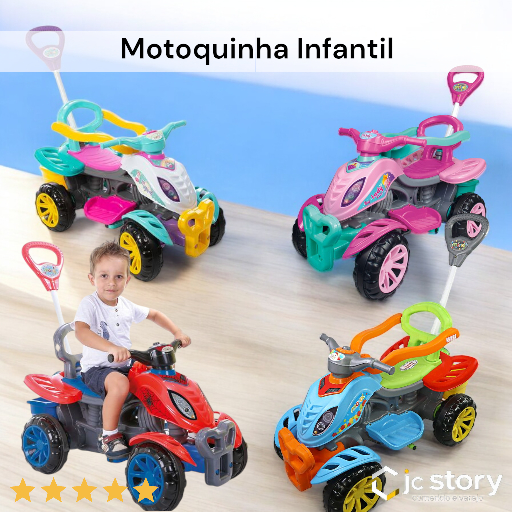 Carrinho Passeio Infantil Quadriciclo Criança Pedal Haste - Menino Menina Empurrador Andado motoca