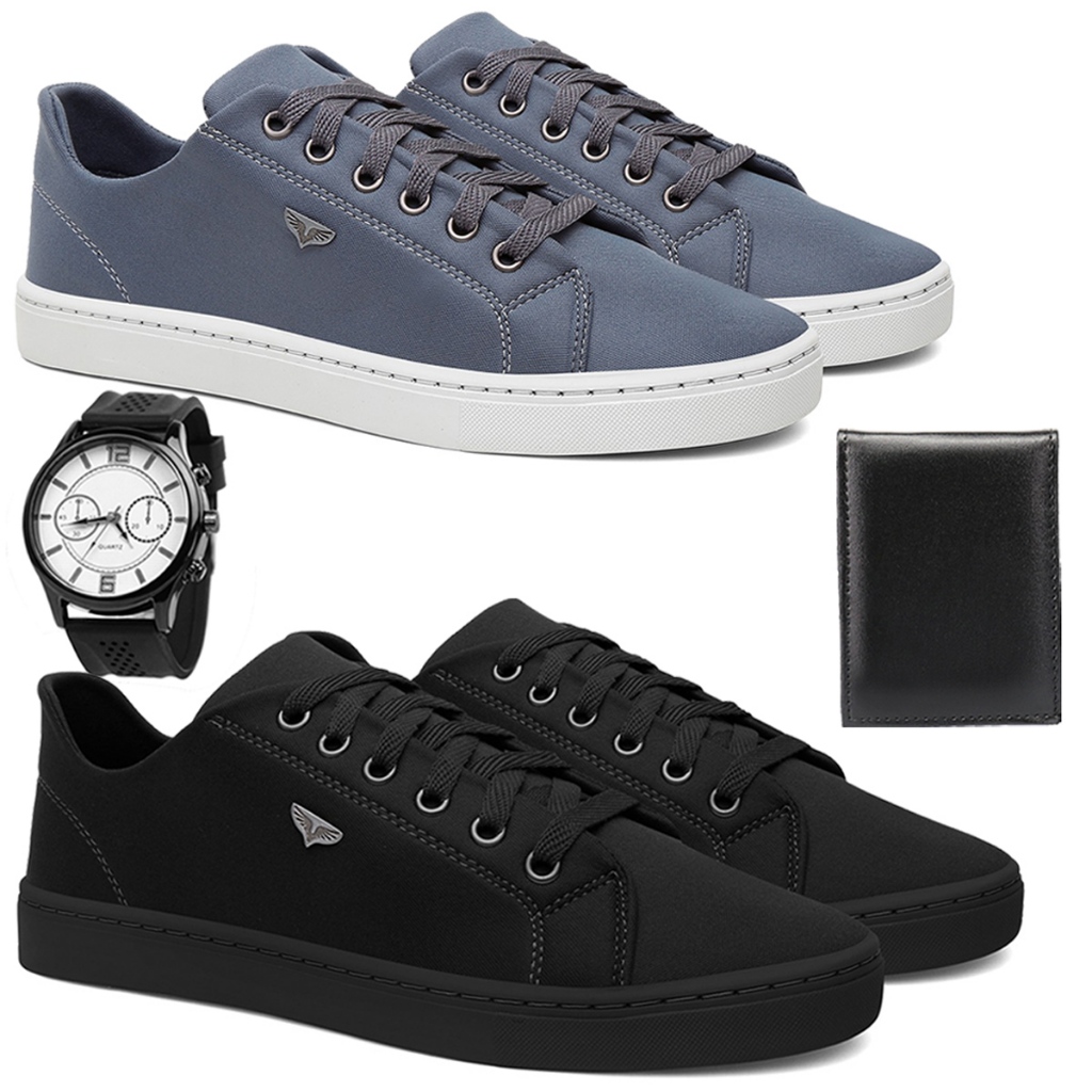 Kit 2 Sapatenis Masculino Linha Conforto Casual Moderno + Carteira e Relógio KIT MAIS BARATO