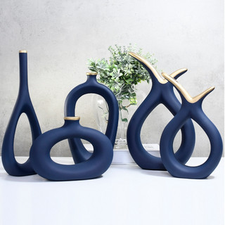 Conjunto 5 Peças Kit Enfeite Cerâmica Vasos Sala Completo Decorativas Trio Rack Centro Mesa Cozinha