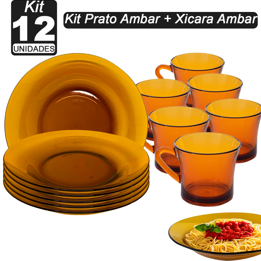 Kit 12 peças - sendo 06 Pratos Fundo Ambar de Vidro 22,6cm + 06 Xícaras de Cha e Cafe Sino Ambar 200ml