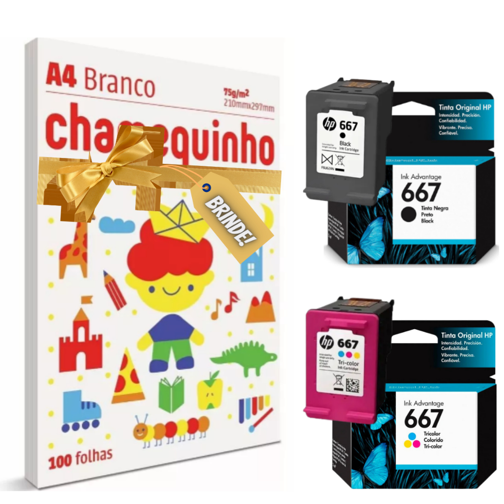 Kit Cartucho Hp 667 Preto E Colorido Original A4 Brinde