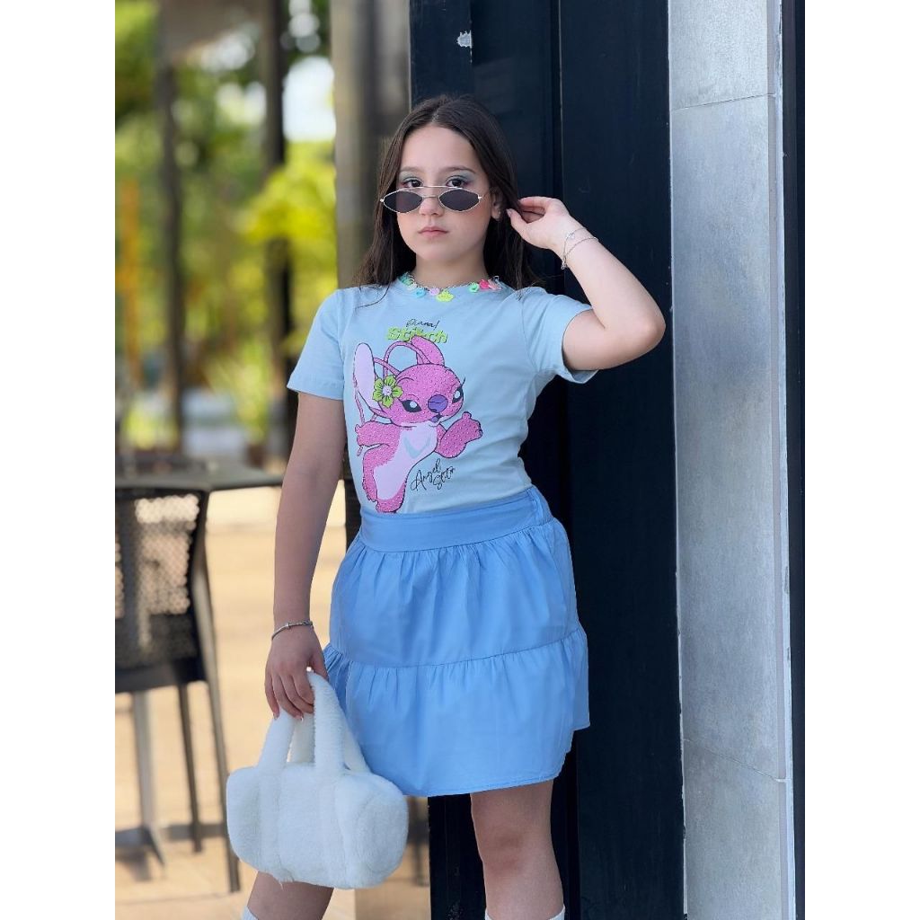 Conjunto Infanto-juvenil T-Shirts Stitch + Saia Blogueira Estilosa Lançamento Verão 2 á 14 Anos Diva