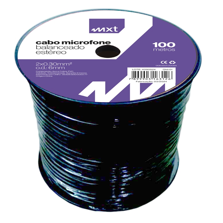 CABO MICROFONE BALANCEADO ESTEREO 2X0.30MM² , OD 6MM PRETO 100 metros em Oferta na Shopee