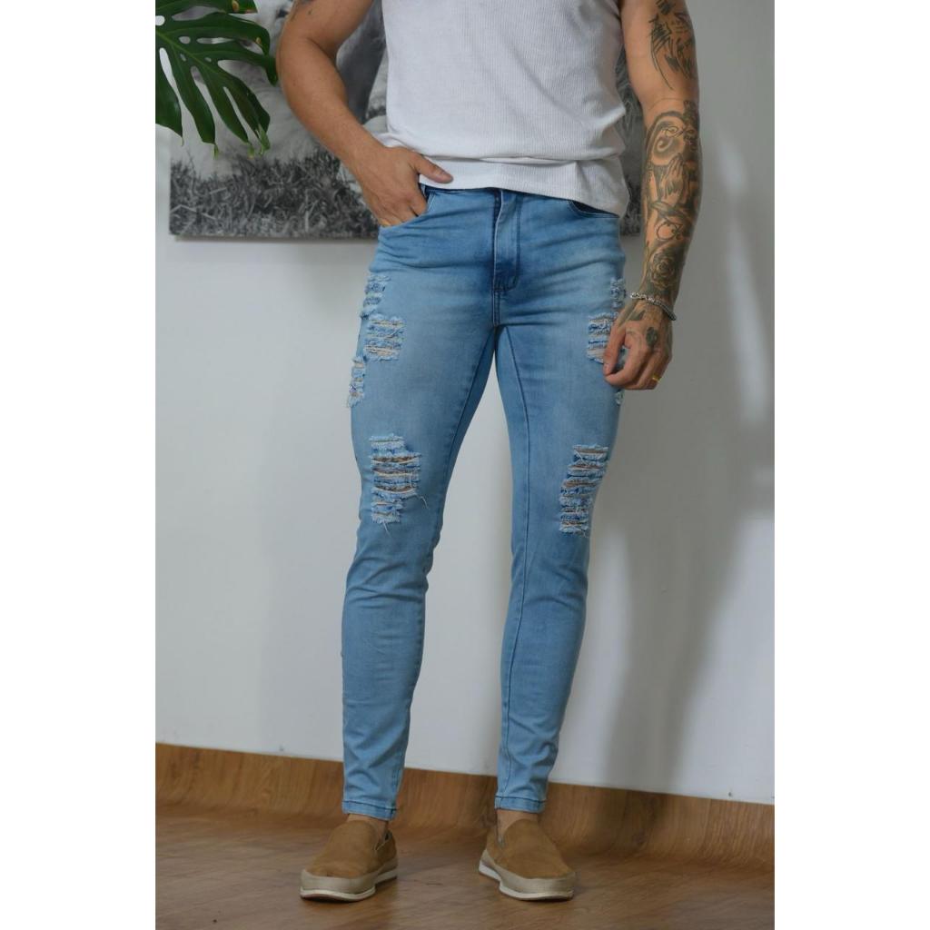 Calça Jeans RASGADA  Masculina  Destroyed Com Lycra Elastano  Skinny Rasgada Premium COLADINHA   Lançamento