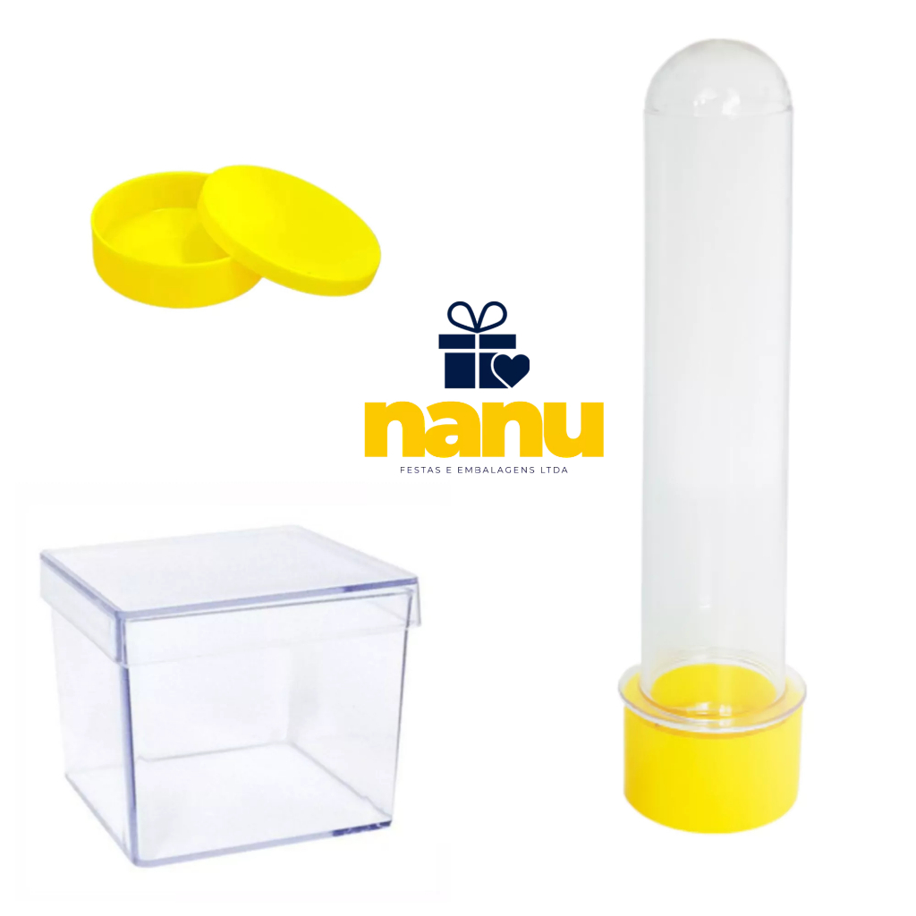 kit 15 Caixinhas 5x5 cm + 15 Latinhas 5x1 e 15 Tubetes de 13 cm c/ tampa Lembrancinhas de festa luxo