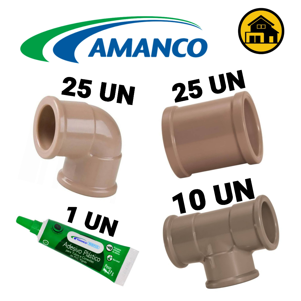 Kit 60 Conexões de Água Amanco 25mm 3/4 25 Joelho/Cotovelo + 25 Luvas + 10 Tee + 1 Cola Pvc