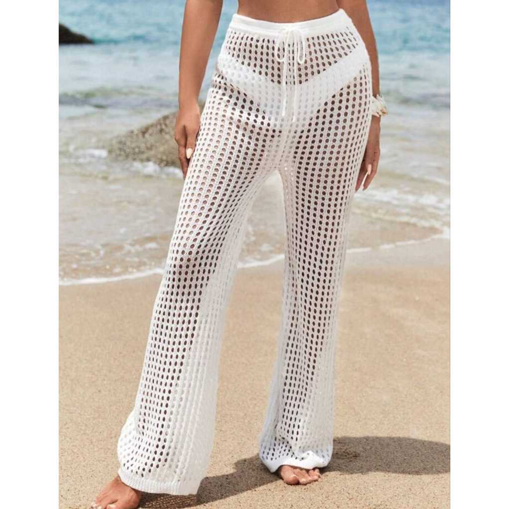 Calça Saída de praia Pantalona Tricot Crochê Moda Praia Verão Cordão de Ajuste Tendência em Oferta na Shopee