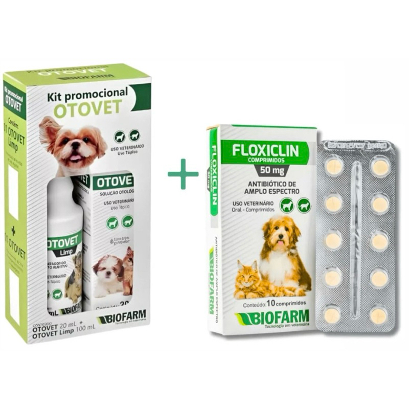Kit Completo tratamento De Otite - Otovet Solução 20ml + Otovet Limp 100 ml + Floxiclin 50mg Biofarm