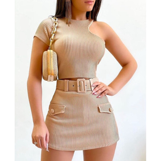 Conjunto 3D com Cinto, Short Saia com Croped e Bojo Moda Gringa em Oferta na Shopee