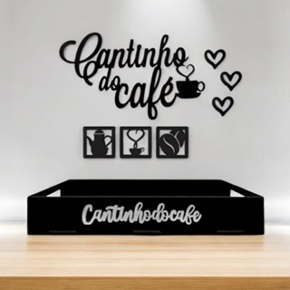 Kit 7 Apliques + Bandeja Cantinho do Café Lisa Retangular MDF preto em Oferta na Shopee