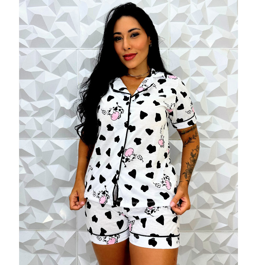 Pijama Americano Blogueirinha Feminino Adulto Malha Estampado Confortável Curto em Oferta na Shopee