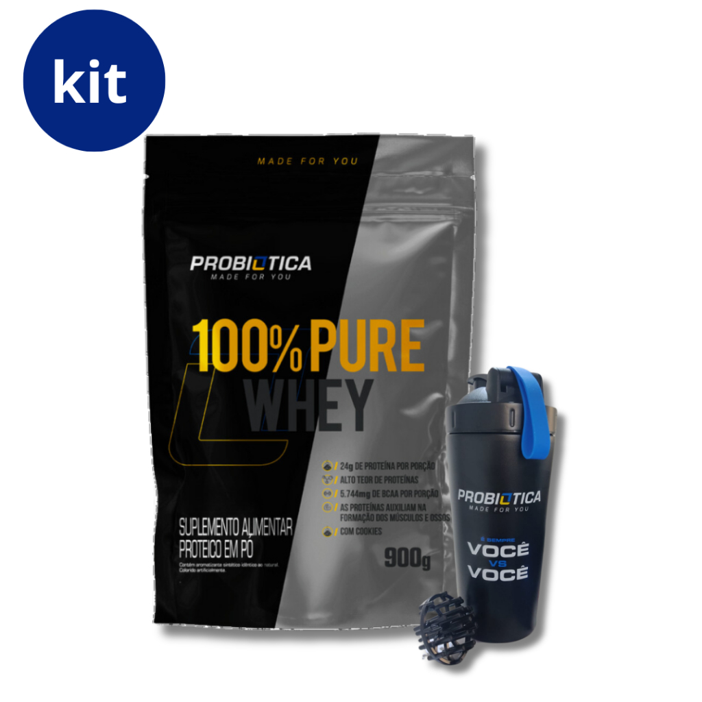 Kit 1x Coqueteleira Térmica Inox 700ml Probiótica Cor Preto + 1x Whey Refil 900g Sabores Diversos Probiótica em Oferta na Shopee