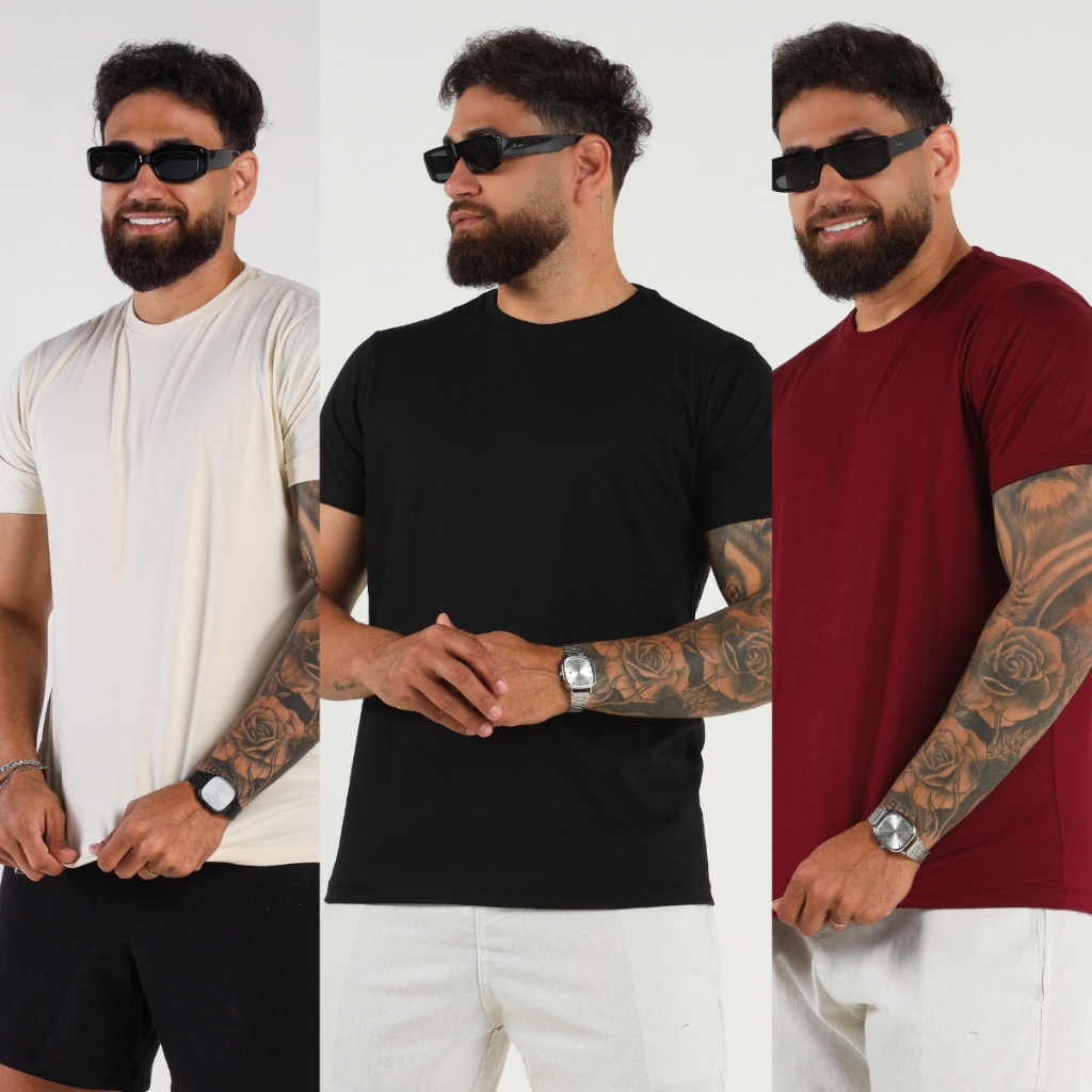 Kit 3 Camisetas Básica Premium Lisa 100% Algodão Camisa Gola O Manga Curta