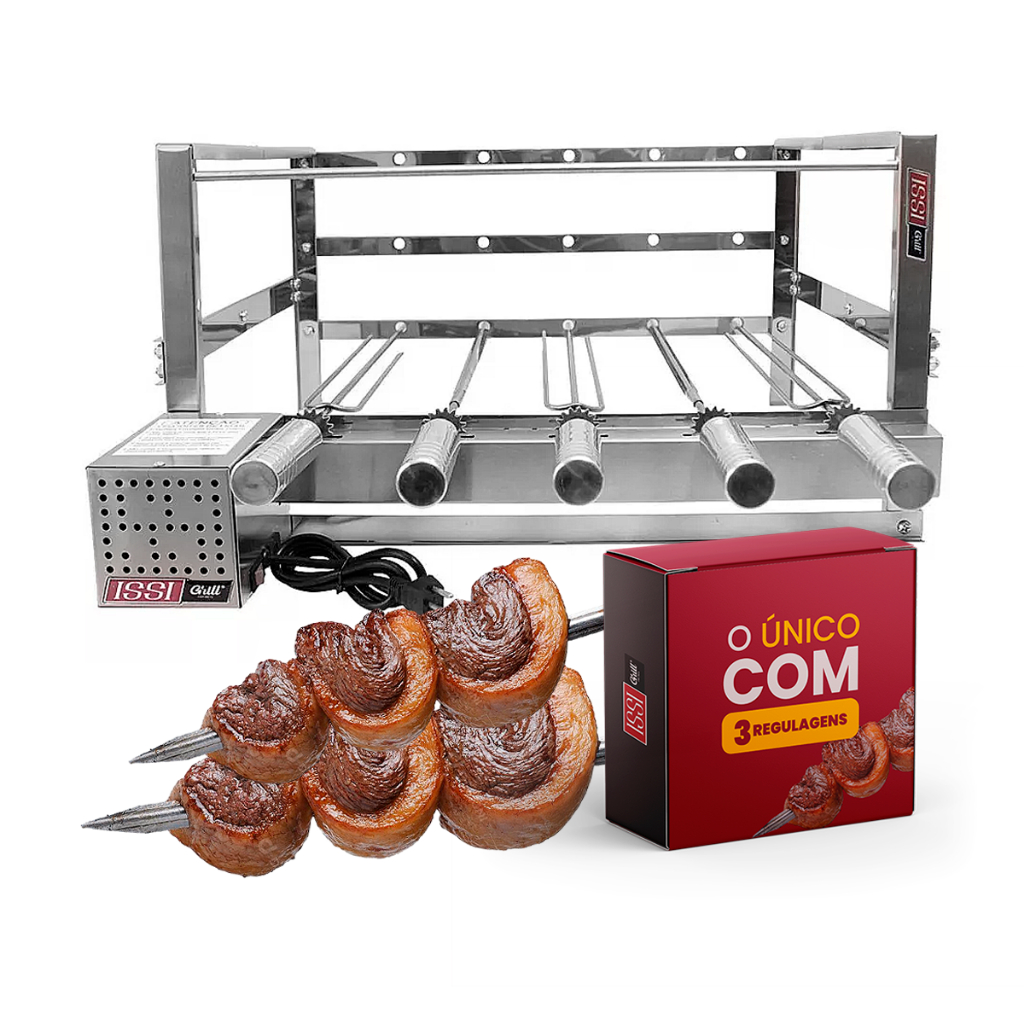 Churrasqueira Gira Grill 5 Espetos 60cm em Inox Motor Ajustável Removível 3 Alturas