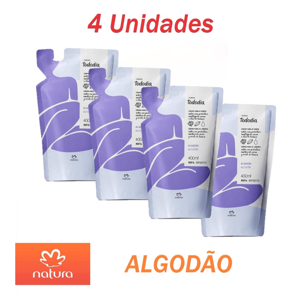 KIT 4 UNIDADES Natura Refil Creme Hidratante Corporal Tododia - Fragrâncias algodão - 400ml