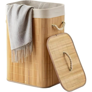 Cesto De Roupa Suja Bambu Dobravel Organizador Forrado Banheiro 50cm Grande Cesto Retangul...