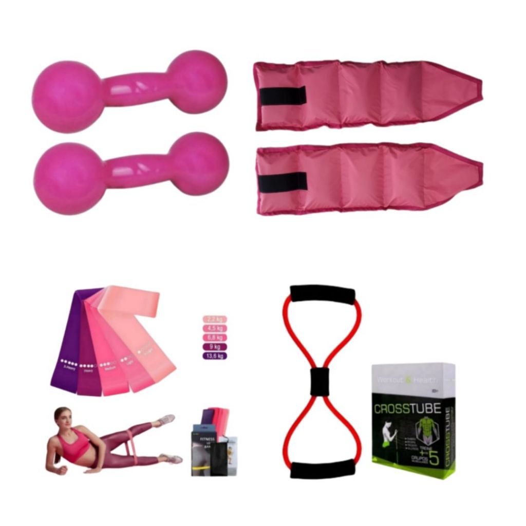 Kit Fisioterapia Treino Funcional Par Halter 2 Kg + Par Caneleira 2 Kg + Kit Theraband + Elástico Multifuncional