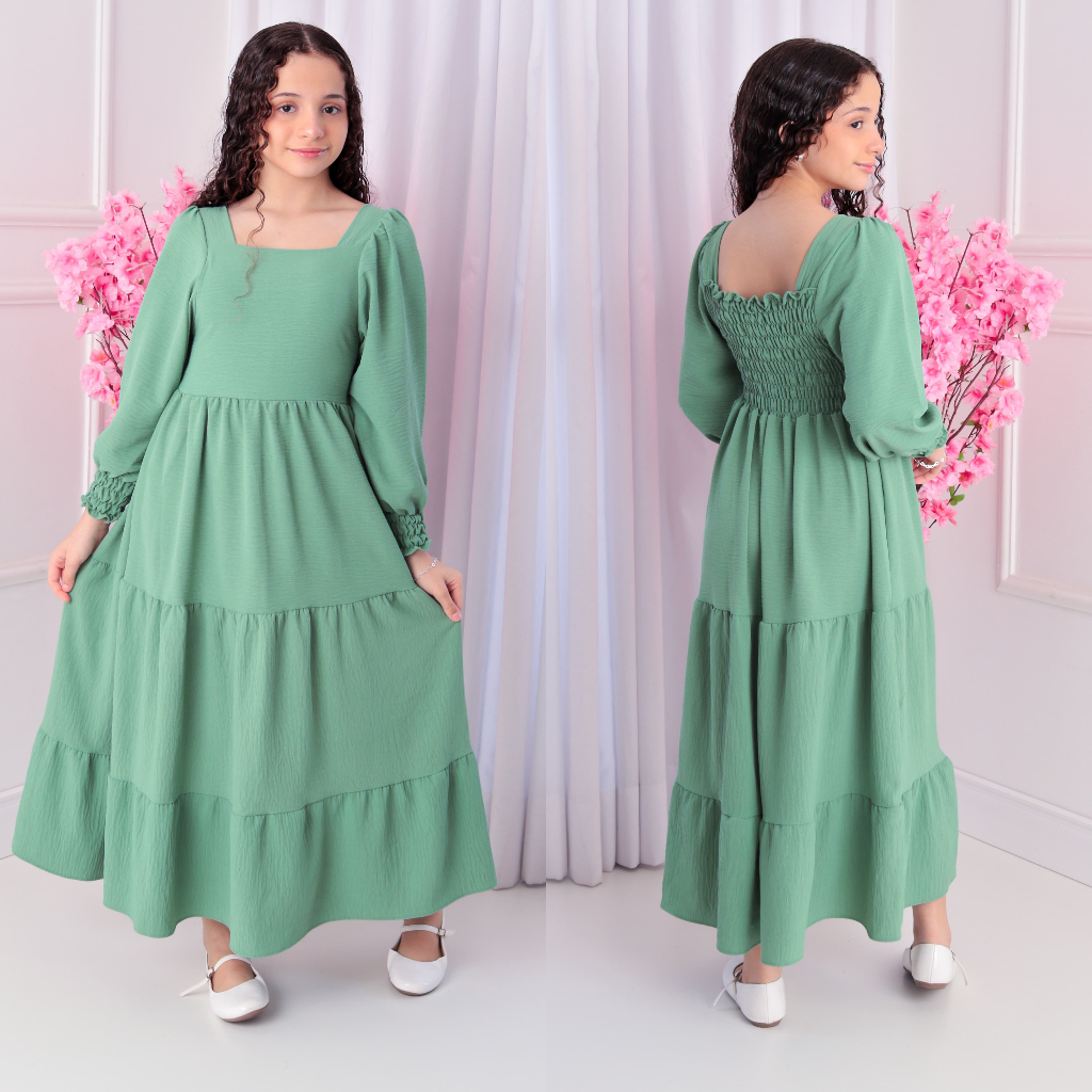 vestido longo de manga longo liso /meninas /juvenil/infantil em Oferta na Shopee