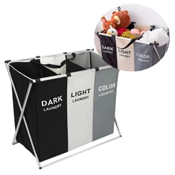 Cesto de Roupas Dobrável Grande 3 Divisórias Organizador Roupas Sujas Briquedos 65x38x60cm