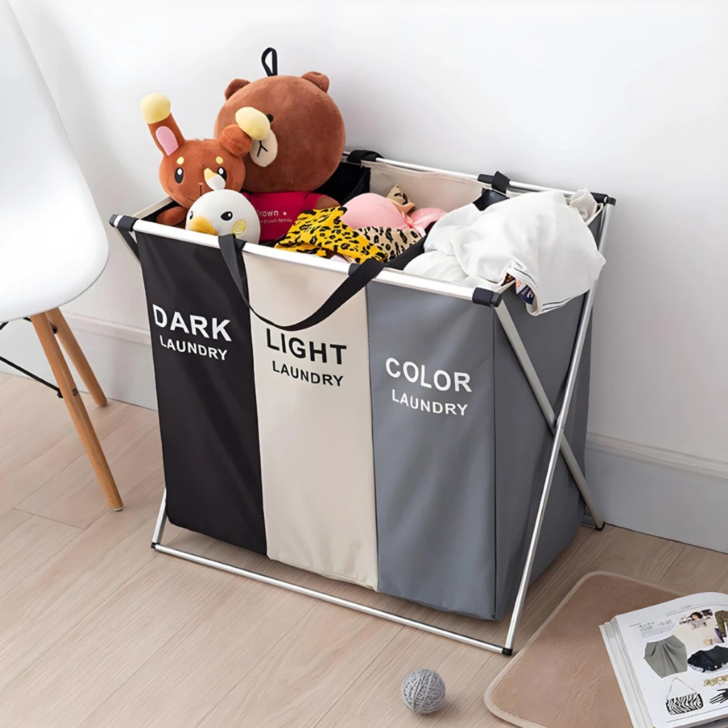 Cesto de Roupas Organizador Dobrável com 3 Divisórias Separadas Grande Premium OI-0343 em Oferta na Shopee