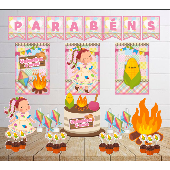 Kit Personalizado Festa Junina Menina Rosa Infantil Decoração Aniversário Mesversário Só Um Bolinho Lembrancinhas