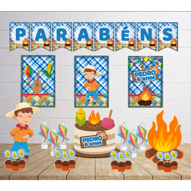 Kit Personalizado Festa Junina Menino Azul Infantil Decoração Aniversário Mesversário Só Um Bolinho Lembrancinhas